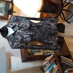 Womens Sheer Ripple Blouse Sz Med long sleeve shirt APT9 Brown Teal Cream Button
